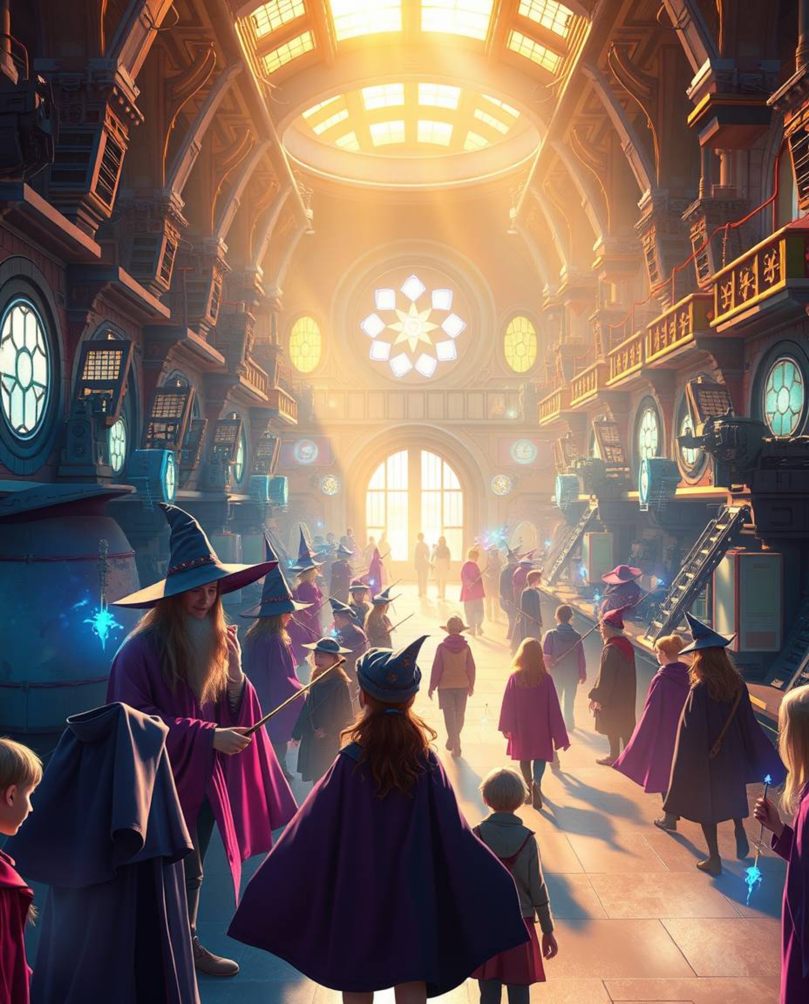 Explore a magical school brimming with young wizards, rendered in a futuristic sci-fi style. The scene is bathed in the warm,