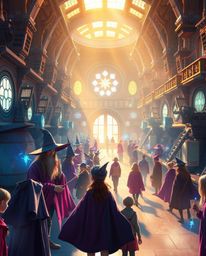 Explore a magical school brimming with young wizards, rendered in a futuristic sci-fi style. The scene is bathed in the warm,