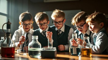 High-resolution stock photo showcasing quirky children in school uniforms conducting engaging science experiments.  The image