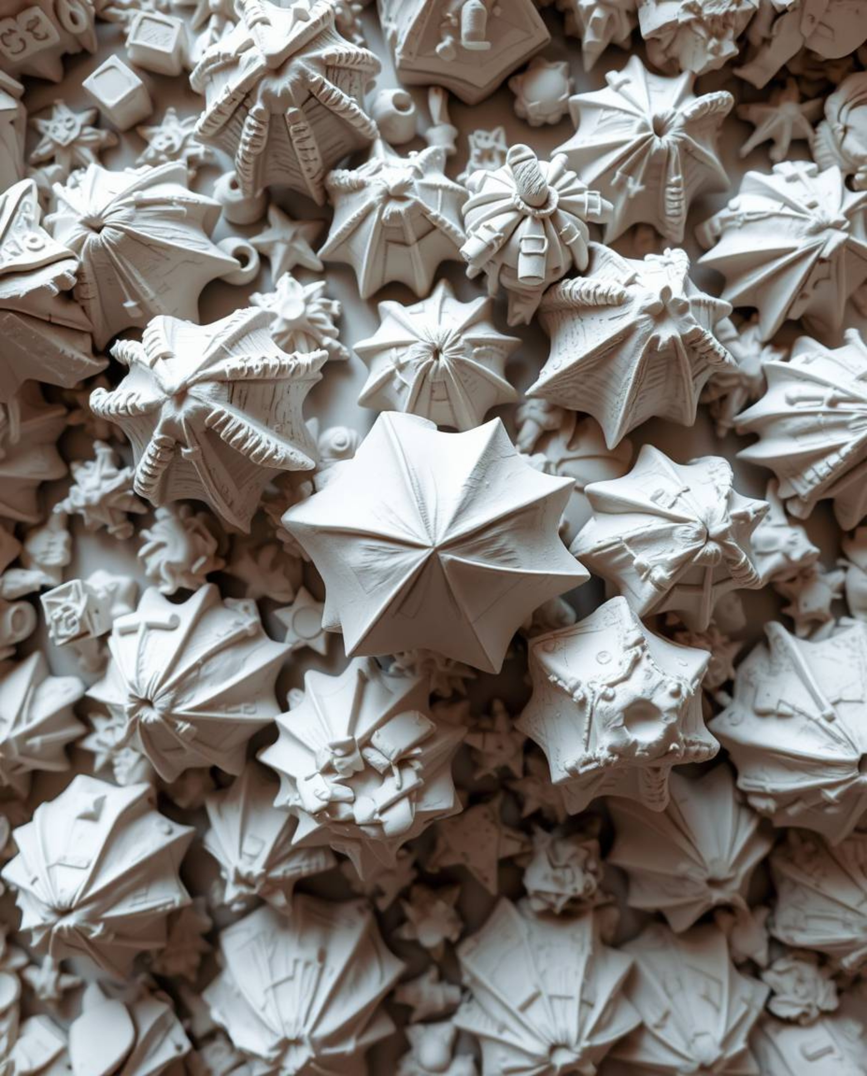 Experience a bird's-eye view of captivating sculptural clay art, showcasing intricately modeled and textured glitched geometr