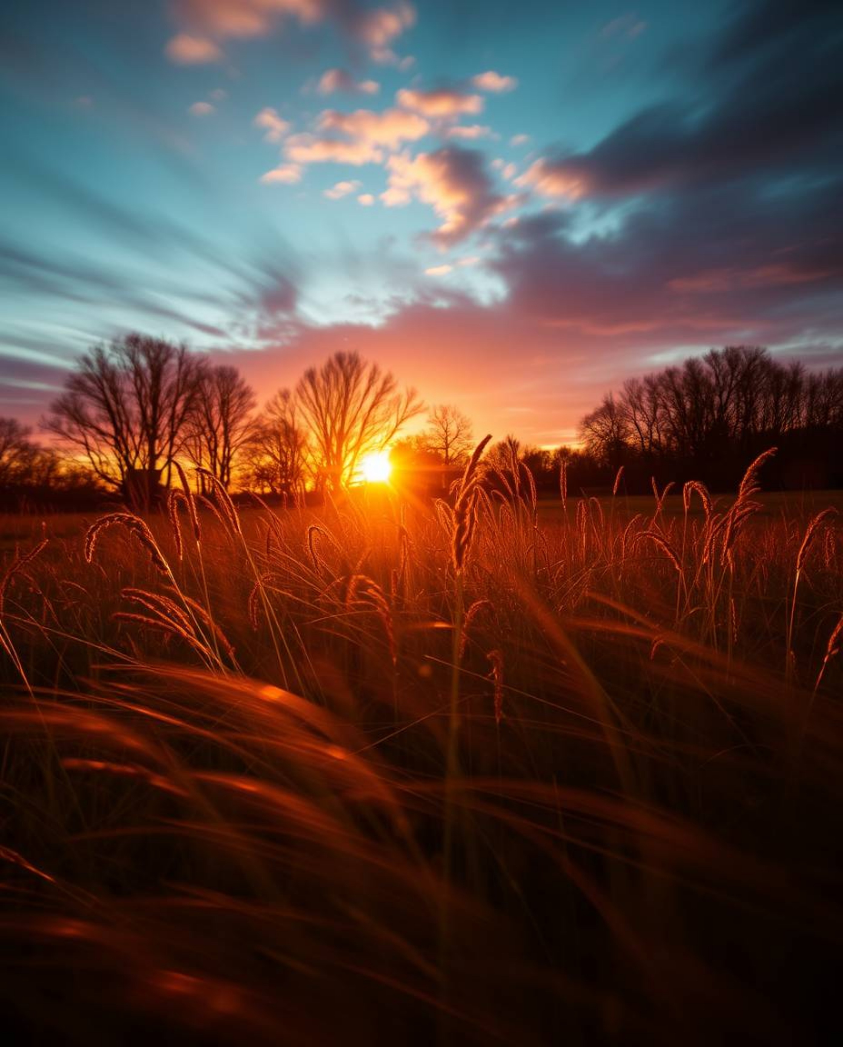 A striking long exposure photograph of a spring meadow sunset, characterized by intense dramatic lighting that creates a high