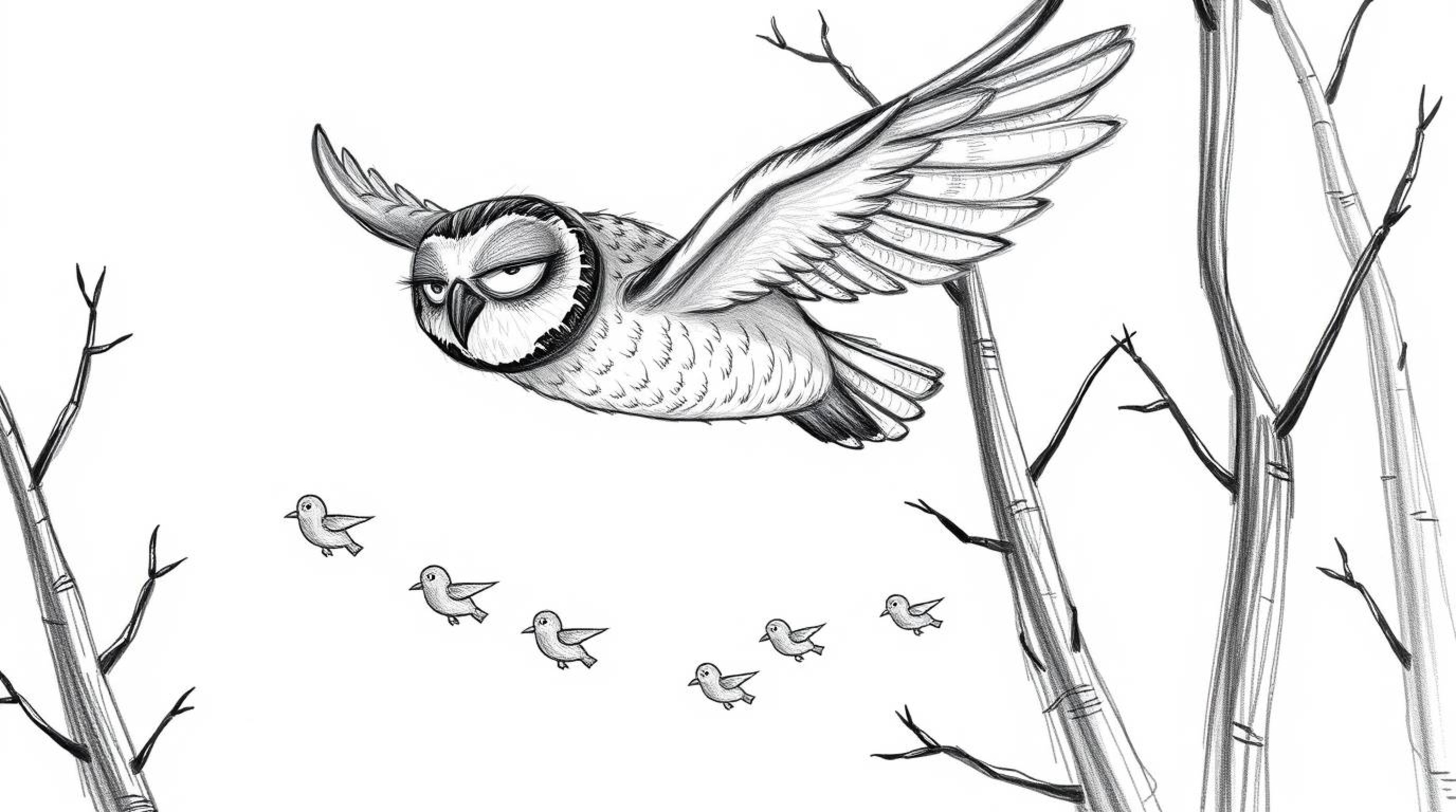 A heartwarming hand-drawn sketch in the style of Pixar depicts a blind owl gracefully gliding between trees, guiding a flock 