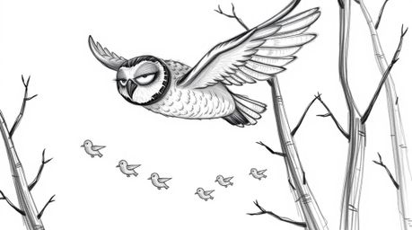 A heartwarming hand-drawn sketch in the style of Pixar depicts a blind owl gracefully gliding between trees, guiding a flock 