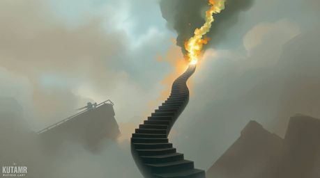 A digital sketch in a painterly style depicting a winding stairway of smoke and light ascending into a vast, cloudy sky evoke
