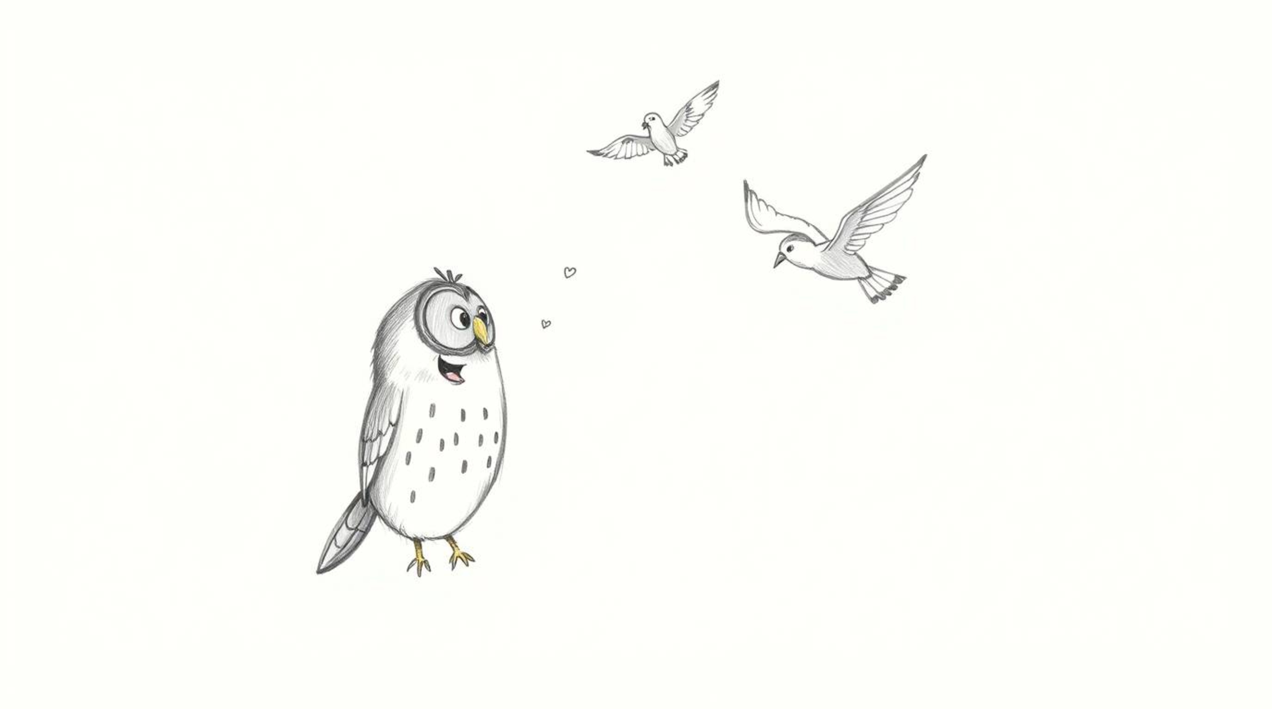A charming, hand-drawn sketch depicting a blind owl, rendered in a Pixar-esque style, gently teaching birds how to fly. The o