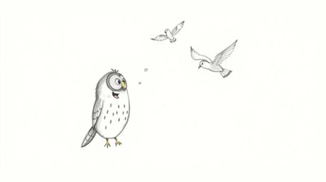 A charming, hand-drawn sketch depicting a blind owl, rendered in a Pixar-esque style, gently teaching birds how to fly. The o