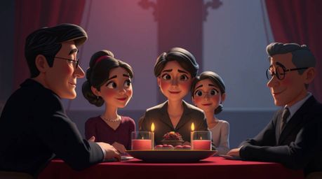 Experience a heartwarming Pixar-style family reunion captured with rich burgundy and deep blue tones, bathed in a soft, dream