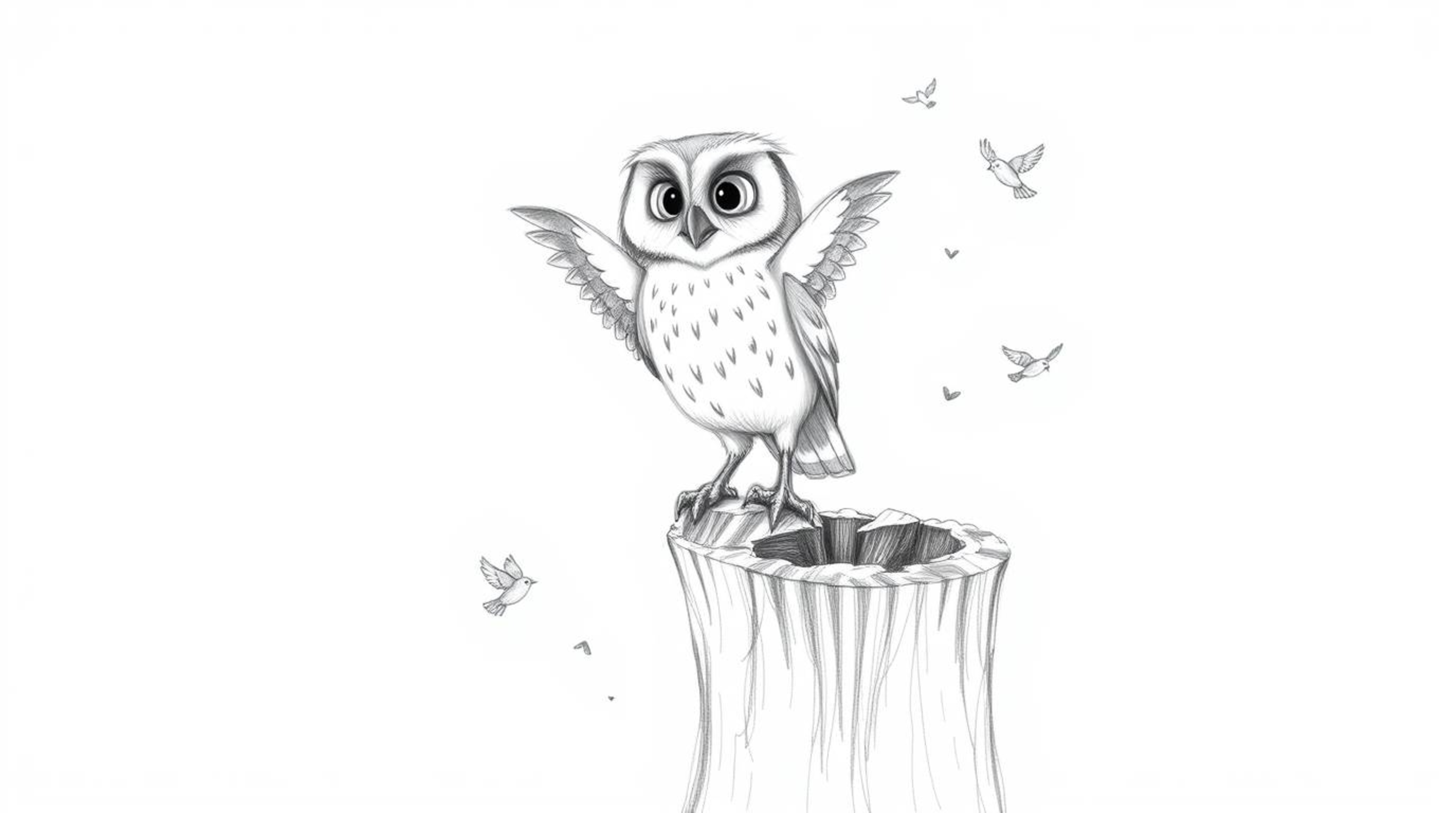 A captivating pencil sketch in the style of Pixar animation depicts a blind owl perched on a tree stump, its wings slightly o