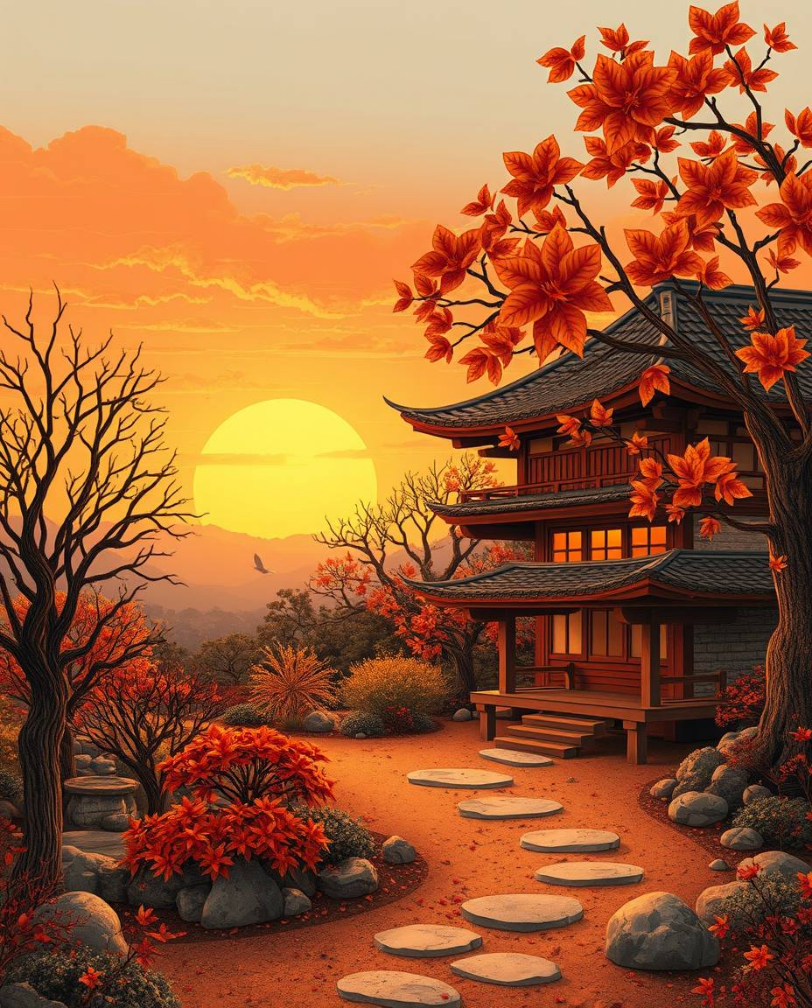 Adorable and charming illustration using warm autumn colors depicting a sunset over a serene Zen garden, evoking an earthy an
