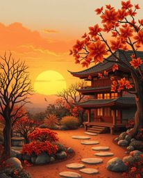 Adorable and charming illustration using warm autumn colors depicting a sunset over a serene Zen garden, evoking an earthy an