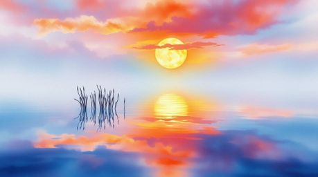 A captivating watercolor painting showcases a serene pond mirroring a vibrant sunset.  Bioluminescent hues and surreal infrar