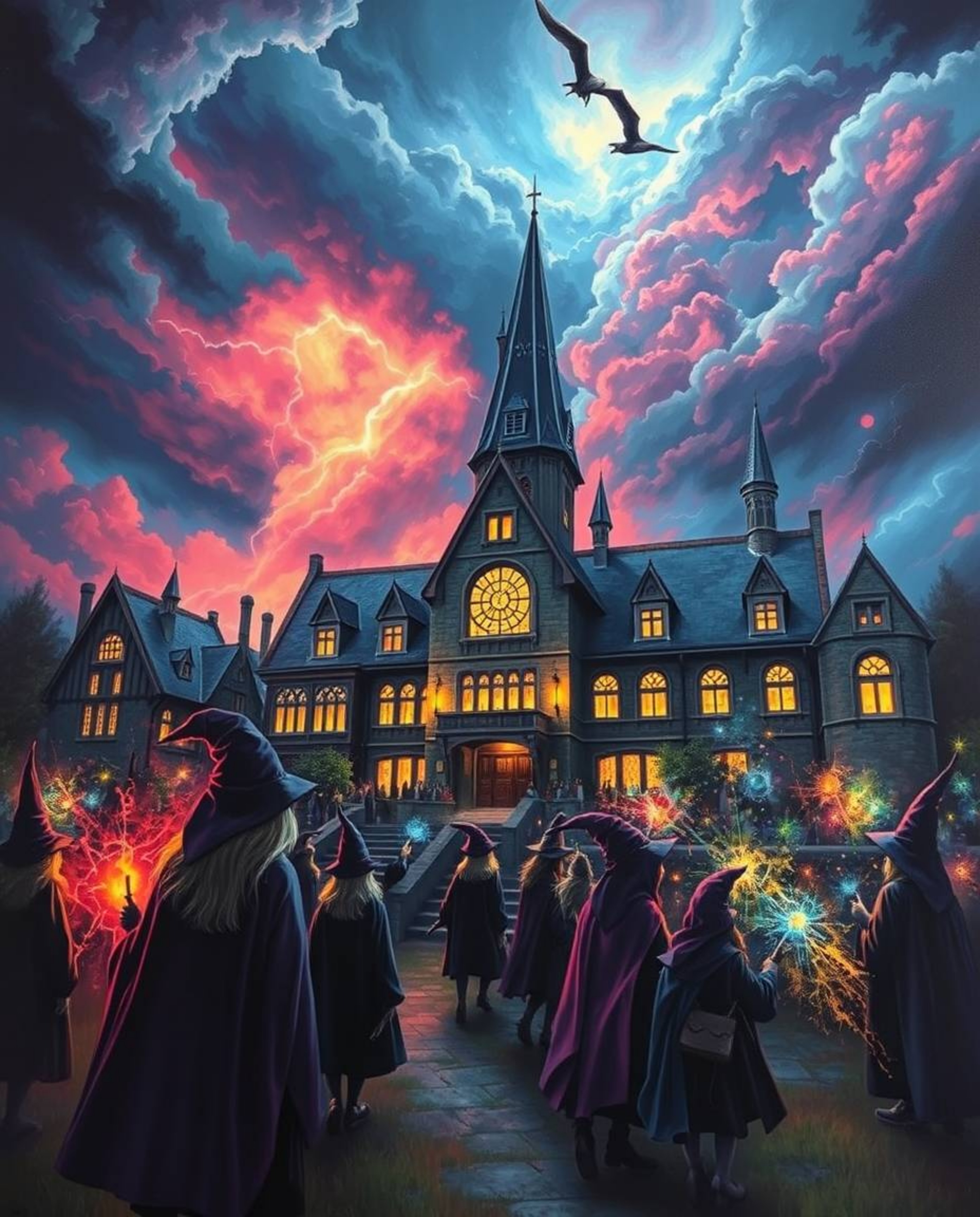 Experience the thrilling atmosphere of a magical school teeming with young wizards, set against the backdrop of a stormy sky.