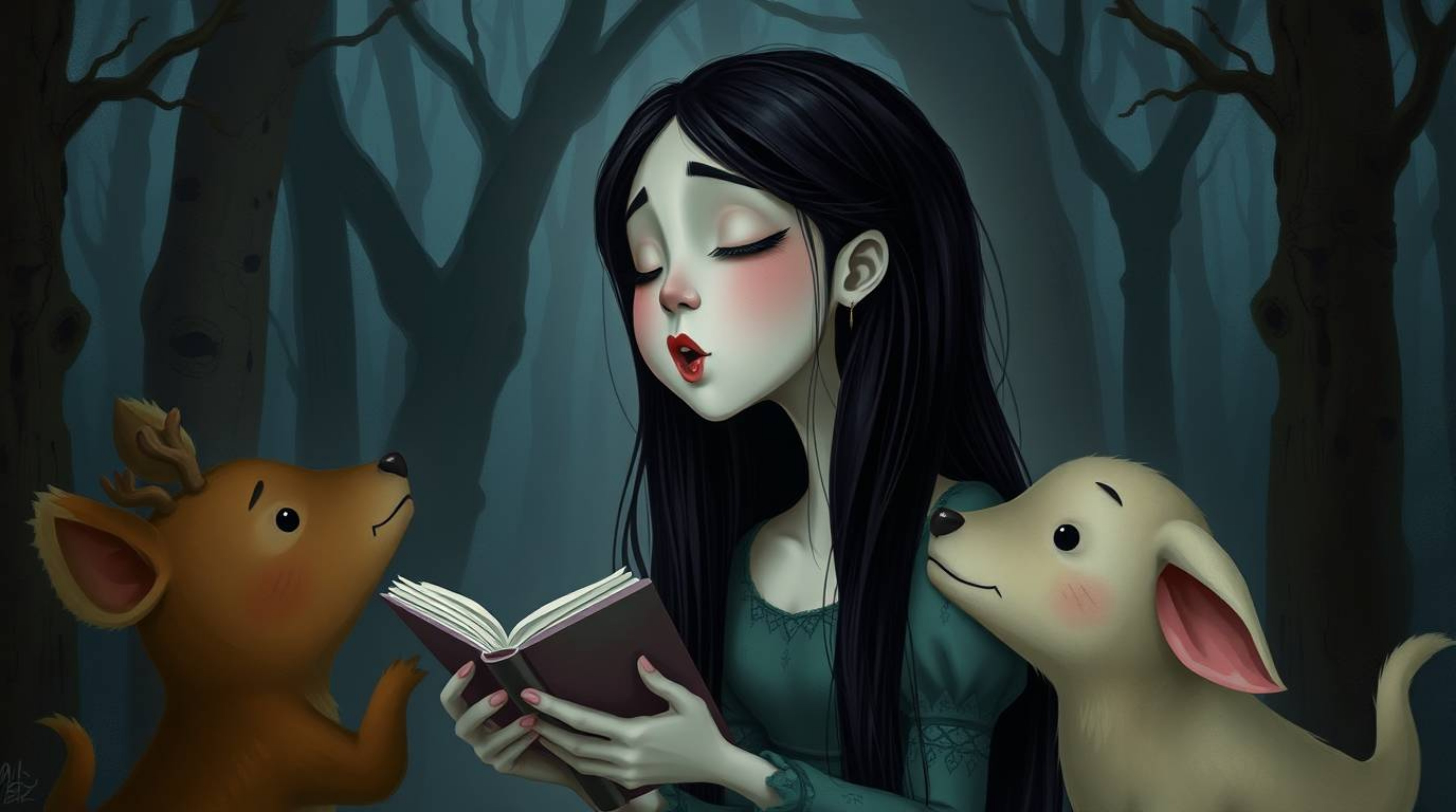 An eerie painting depicts a princess with pale skin and long dark hair, serenading forest animals in a vintage 2D animation s