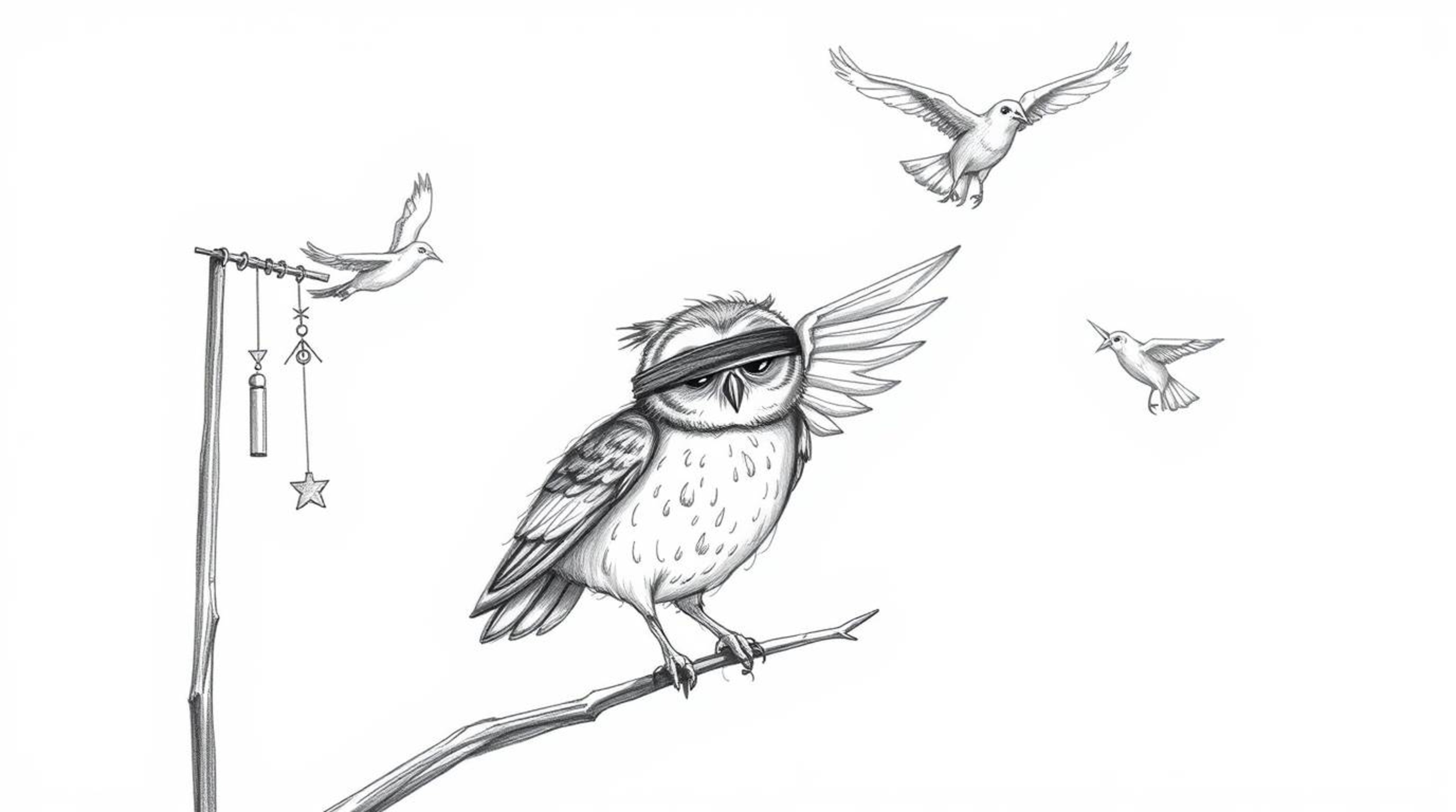 A charming hand-drawn sketch in Pixar style depicts a blind owl, subtly shaded with textured pencil strokes, ingeniously guid