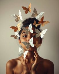 A captivating image featuring a girl with tan skin releasing intricately folded paper butterflies in an origami style. The ar