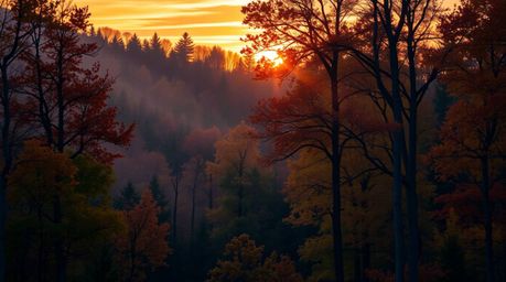A stunning high-resolution stock photo capturing the essence of an autumn forest at sunset. Volumetric lighting creates drama