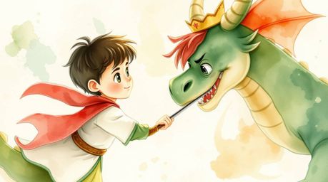 A delicate watercolor painting depicts a charming prince with soft features bravely battling a dragon in a vibrant 1950s anim