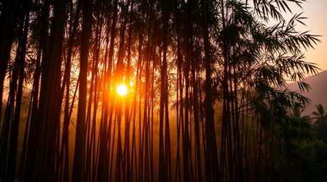 Experience the tranquility of a bamboo forest bathed in the warm hues of a setting sun. This cinematic image, captured with s