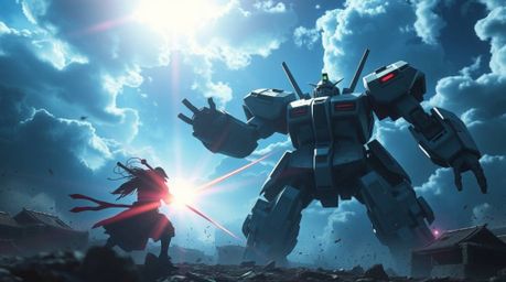 Witness an epic clash between a lone samurai and a colossal robot under a breathtaking sky. This visually stunning scene, set