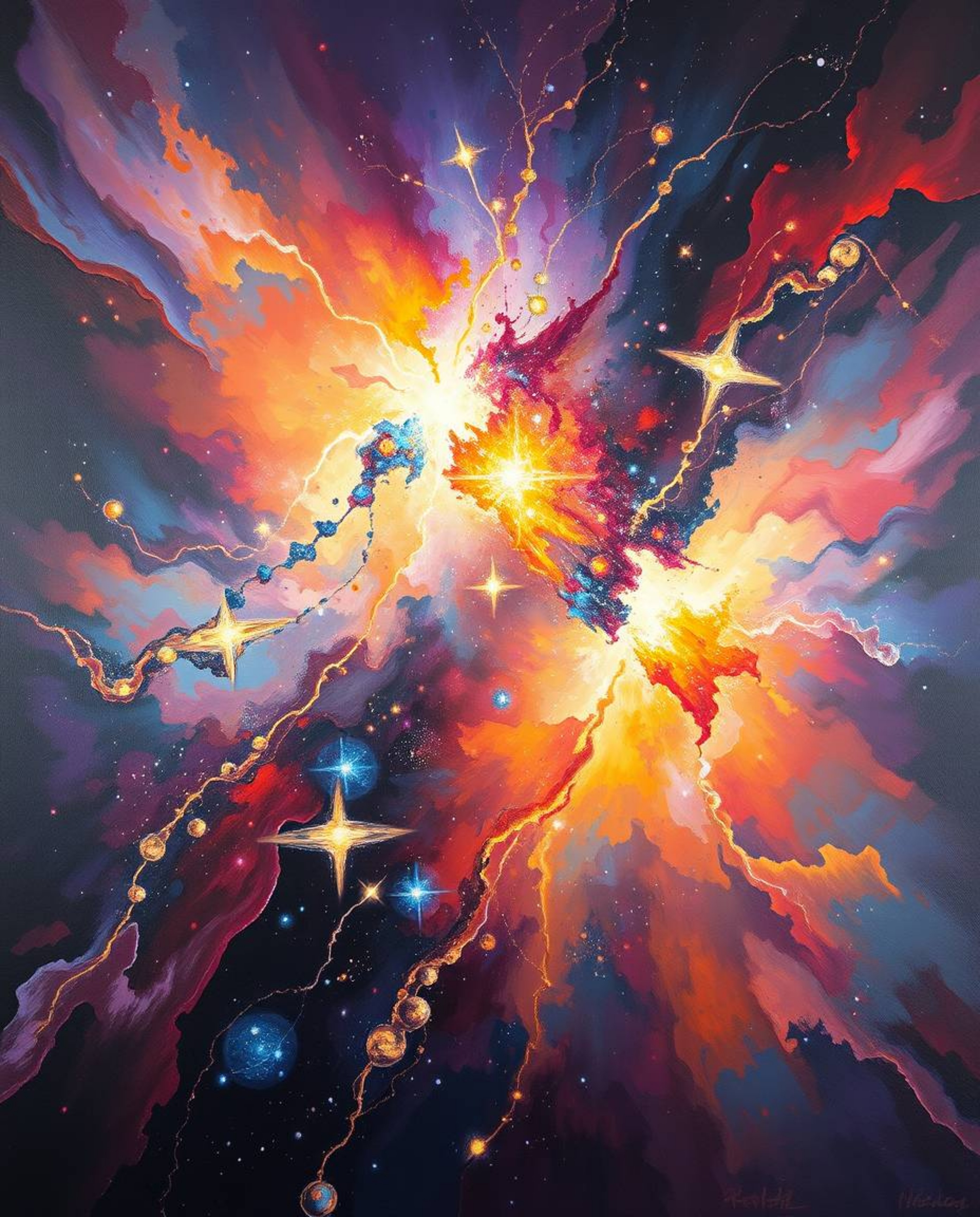 A captivating oil painting depicting the intense drama of colliding galaxies.  The artwork showcases a vibrant cosmic explosi