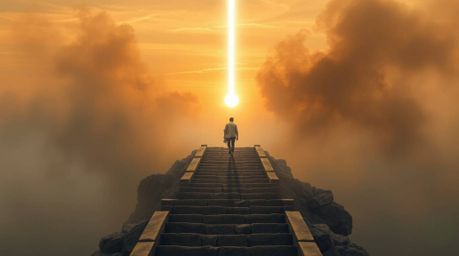 A lone figure ascends a stone staircase towards a radiant beam of divine light piercing through a smoky sunset sky. The artwo