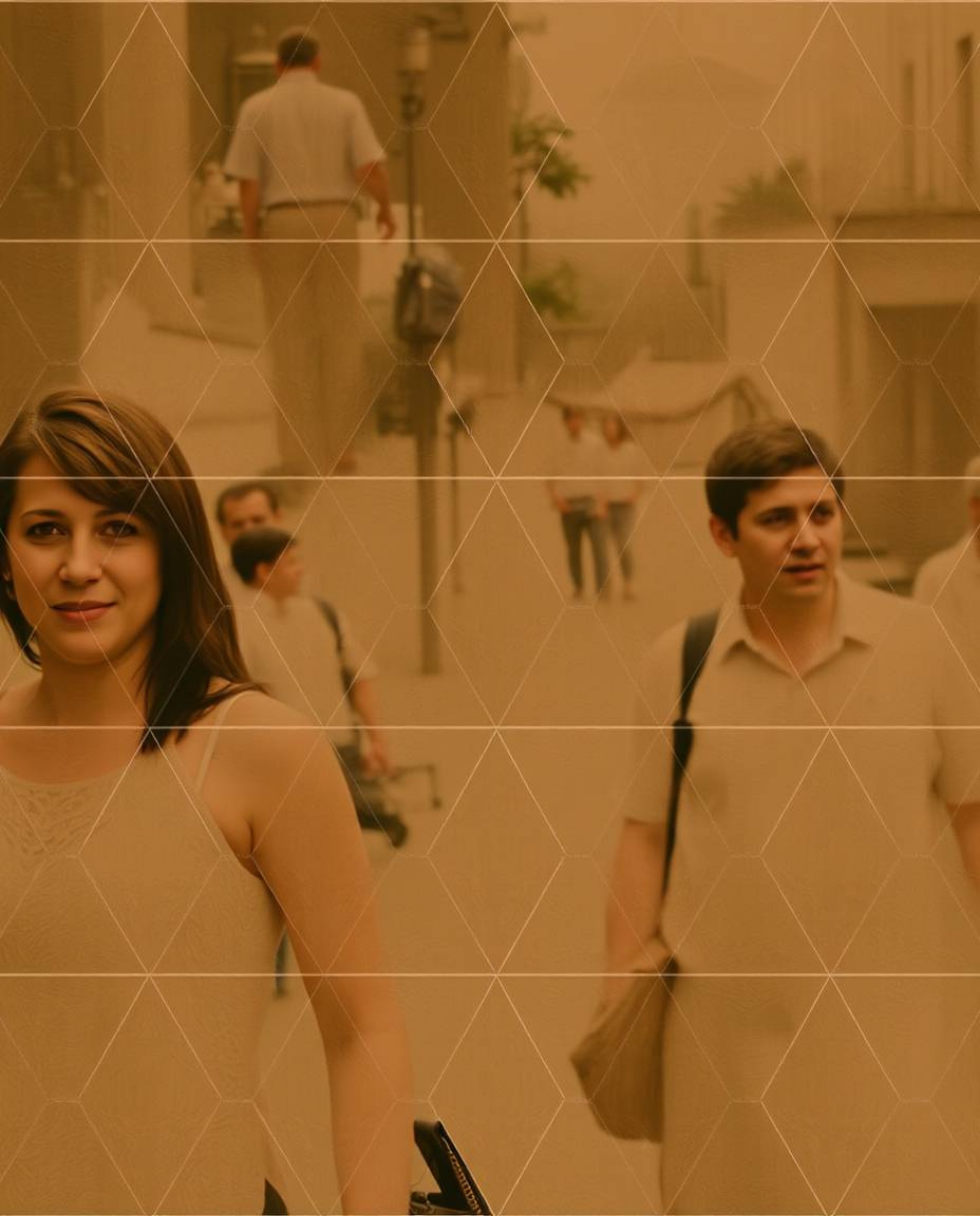 Explore candid street photography infused with a seamless geometric pattern of hexagons and triangles, rendered in a muted ne