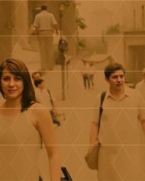 Explore candid street photography infused with a seamless geometric pattern of hexagons and triangles, rendered in a muted ne