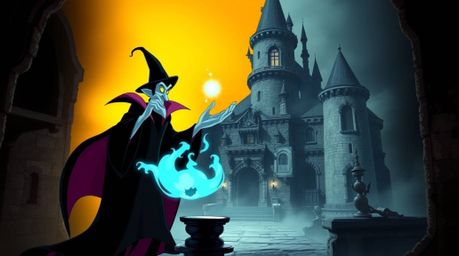 A classic Disney villain casts a powerful spell within the ancient walls of an old castle, creating a striking visual experie