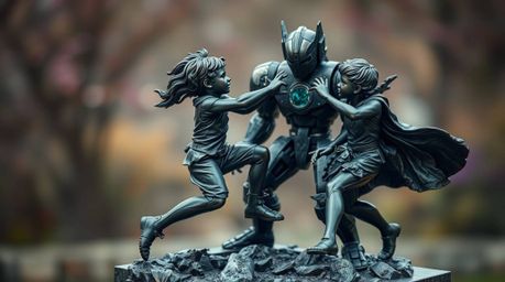 Discover a captivating bronze sculpture depicting three superpowered children locked in a dynamic battle against a formidable