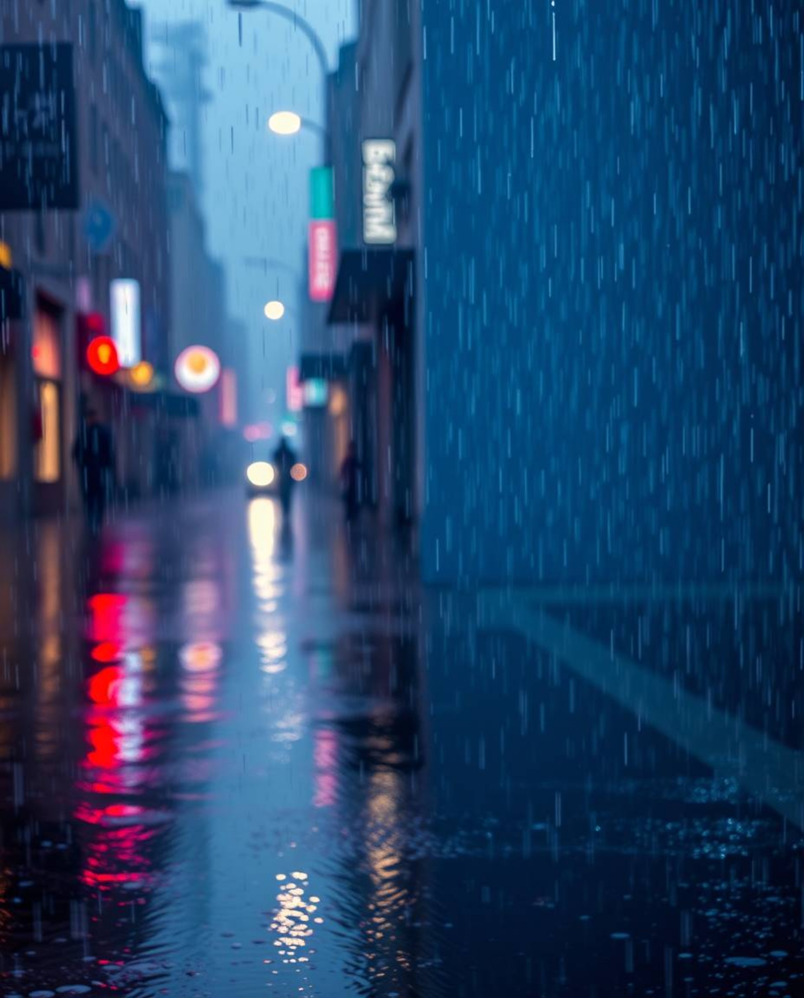 A captivating surreal street scene featuring rich burgundy and deep blue hues under a wet, rainy sky.  Buildings fold and twi