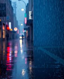 A captivating surreal street scene featuring rich burgundy and deep blue hues under a wet, rainy sky.  Buildings fold and twi