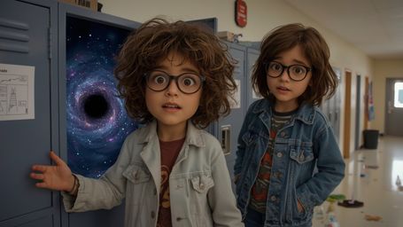 a vibrant and whimsical photograph resembling Pixar's signature style, depicting a duo of excited and disheveled science fair