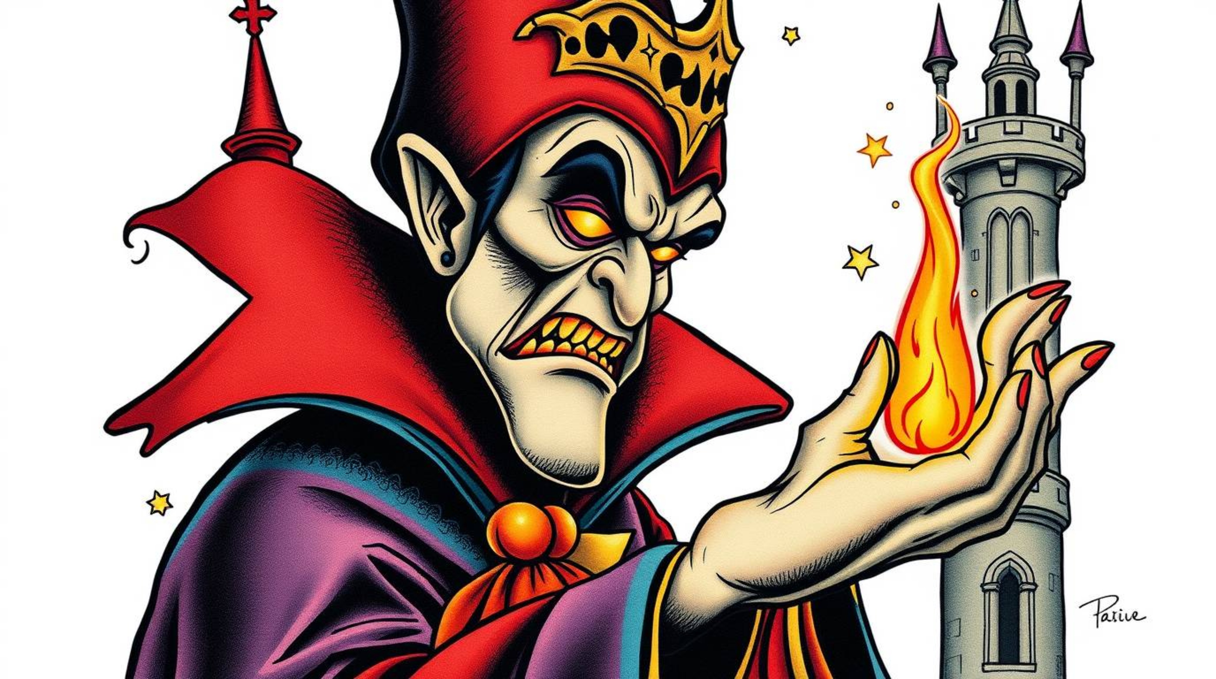A captivating traditional tattoo art print showcases a classic Disney villain casting a spell within an old castle.  The clos