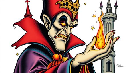 A captivating traditional tattoo art print showcases a classic Disney villain casting a spell within an old castle. The clos