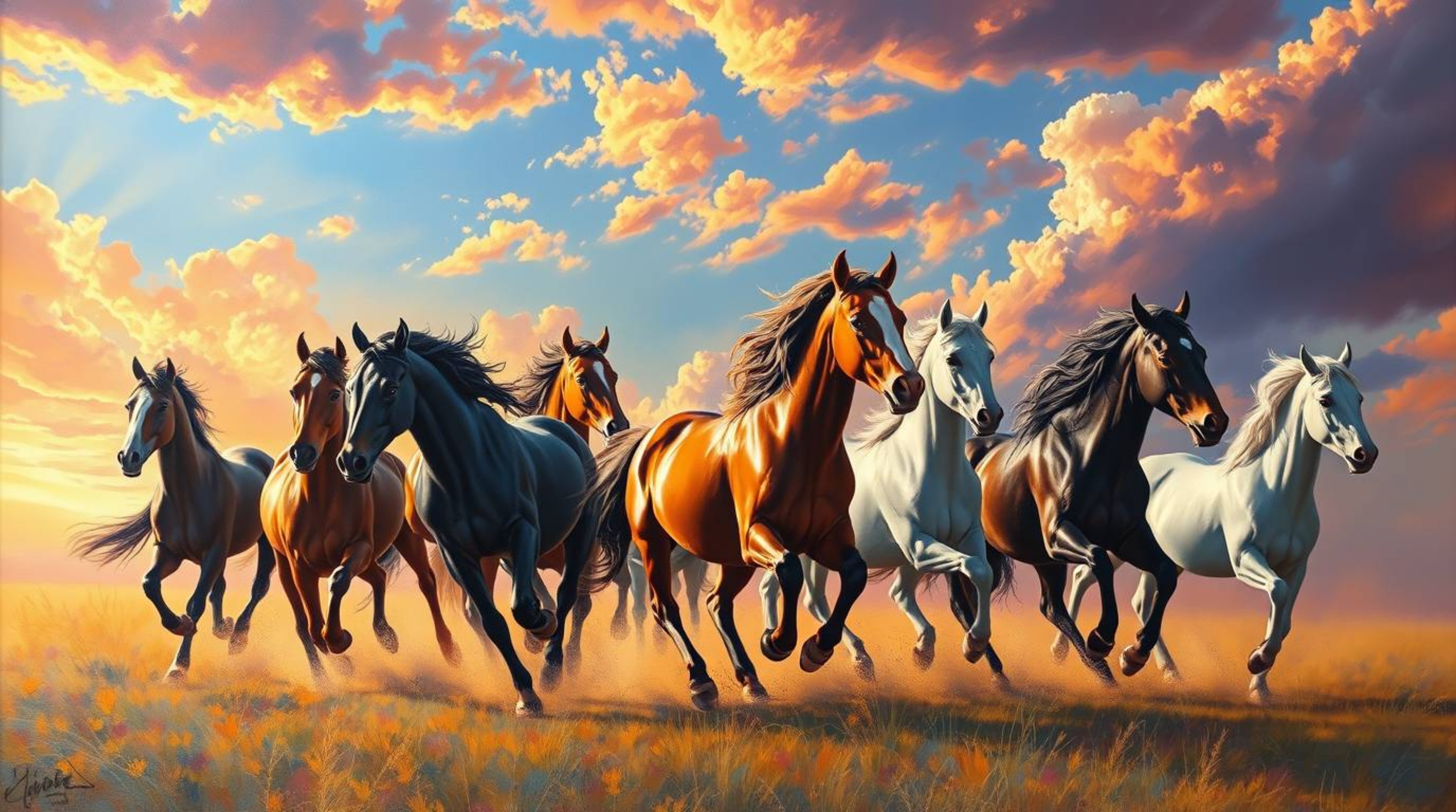 A captivating painting depicts a herd of wild horses galloping freely under a breathtaking, vibrant sky.  Rendered in bright,