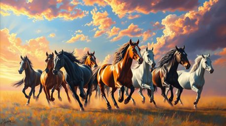 A captivating painting depicts a herd of wild horses galloping freely under a breathtaking, vibrant sky.  Rendered in bright,