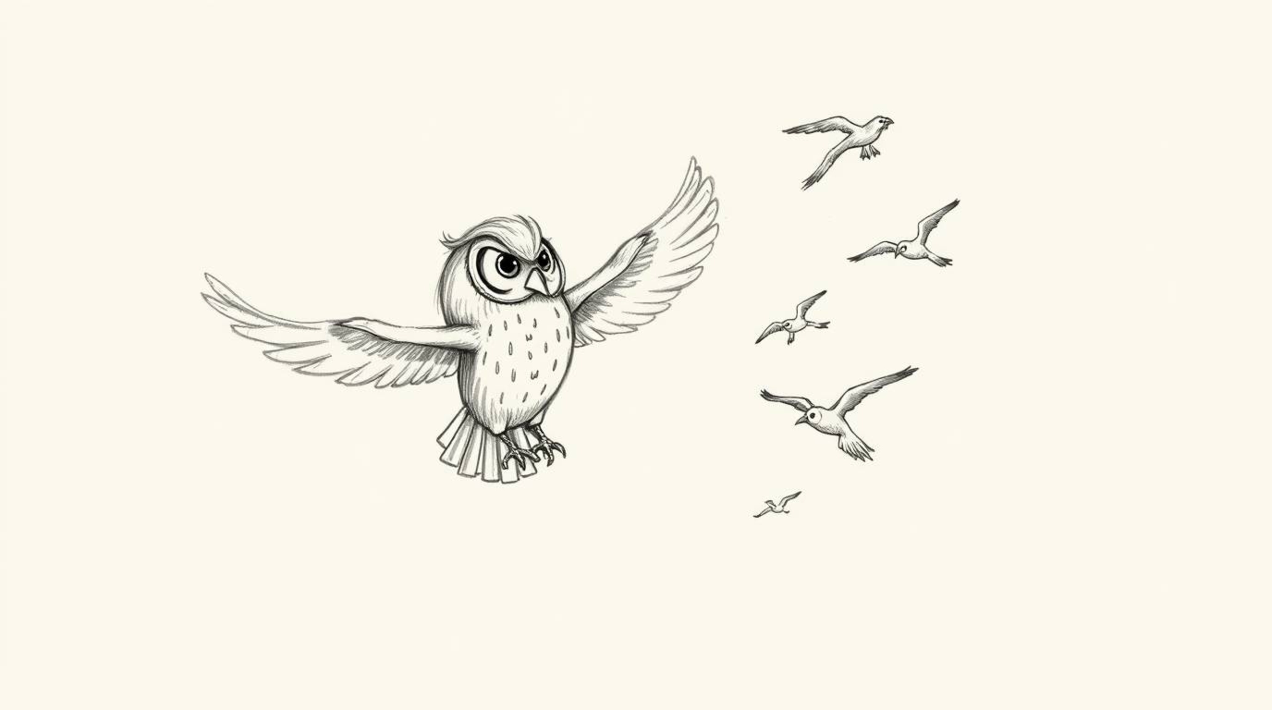 A hand-drawn sketch in the style of Pixar showcases a unique and heartwarming scene: a blind owl, rendered with soft, texture