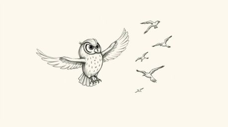 A hand-drawn sketch in the style of Pixar showcases a unique and heartwarming scene: a blind owl, rendered with soft, texture
