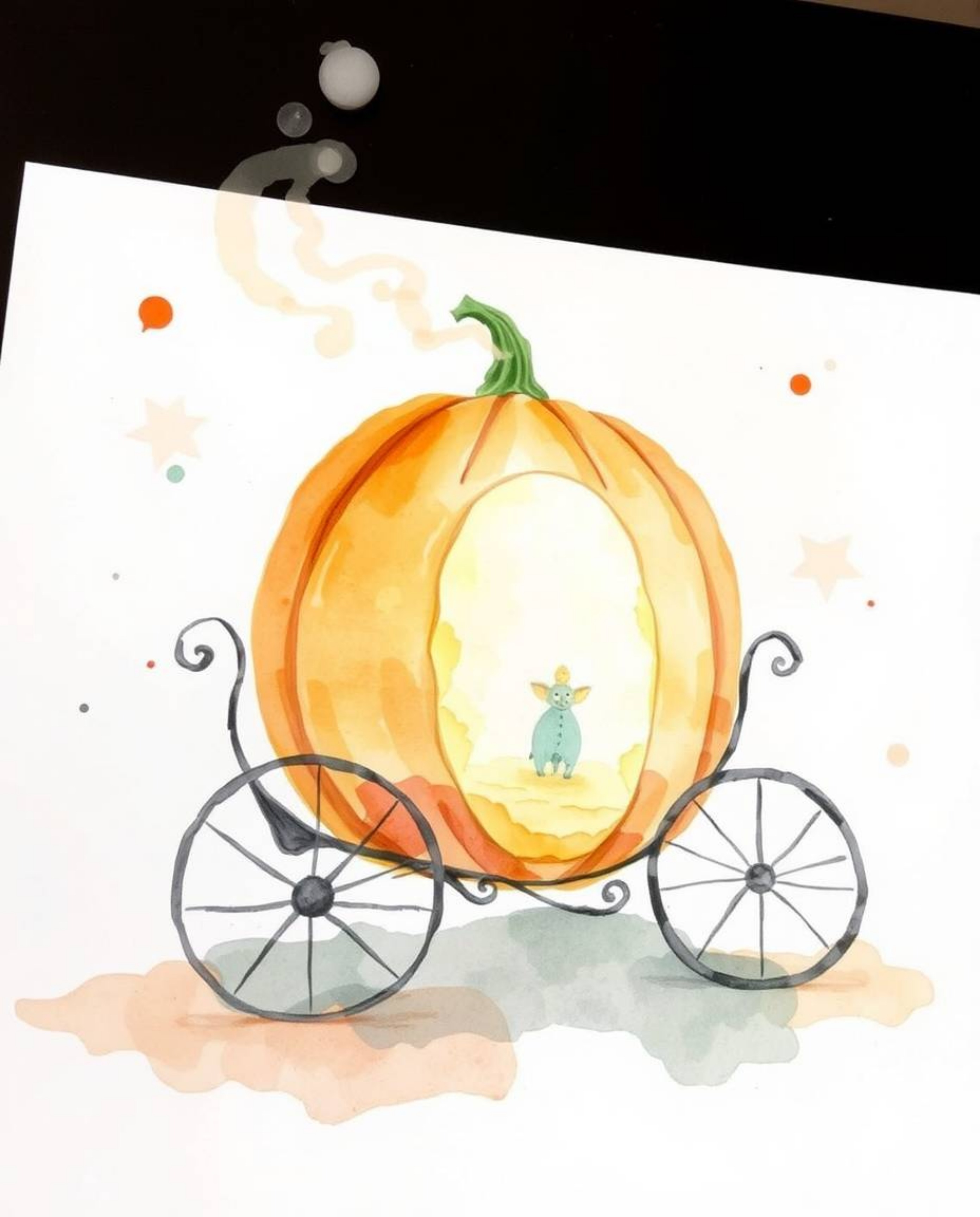 A captivating watercolor painting depicts the magical transformation of a pumpkin into a carriage.  Created with delicate tra