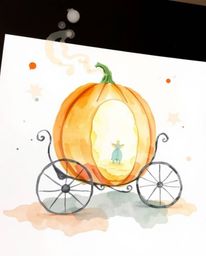 A captivating watercolor painting depicts the magical transformation of a pumpkin into a carriage.  Created with delicate tra