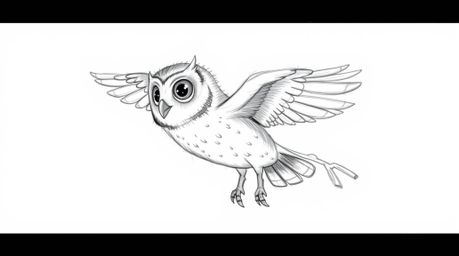 A heartwarming hand-drawn sketch in the style of Pixar depicts a blind owl, rendered with soft pencil strokes, teaching birds