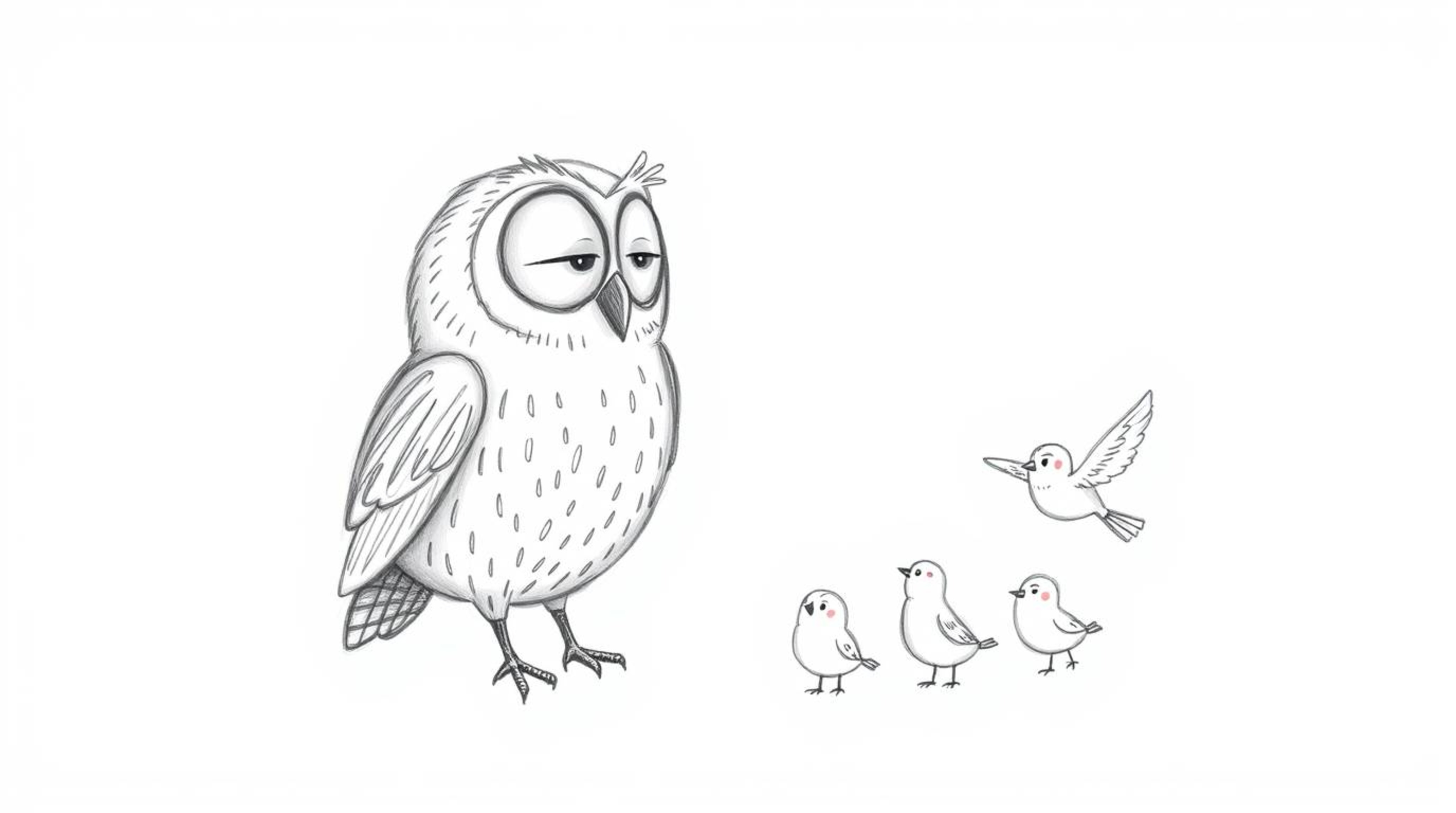 A charming hand-drawn sketch depicts a blind owl rendered in a delightful Pixar-esque style, with soft, rounded features. Thi