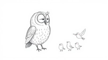 A charming hand-drawn sketch depicts a blind owl rendered in a delightful Pixar-esque style, with soft, rounded features. Thi