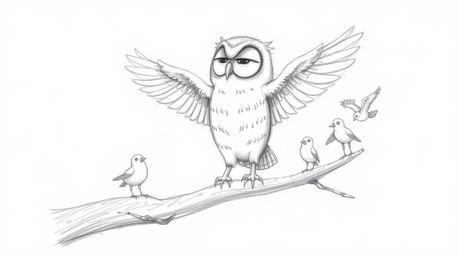 A whimsical hand-drawn sketch in the style of Pixar portrays a blind owl, its soft feathers meticulously detailed, guiding a 