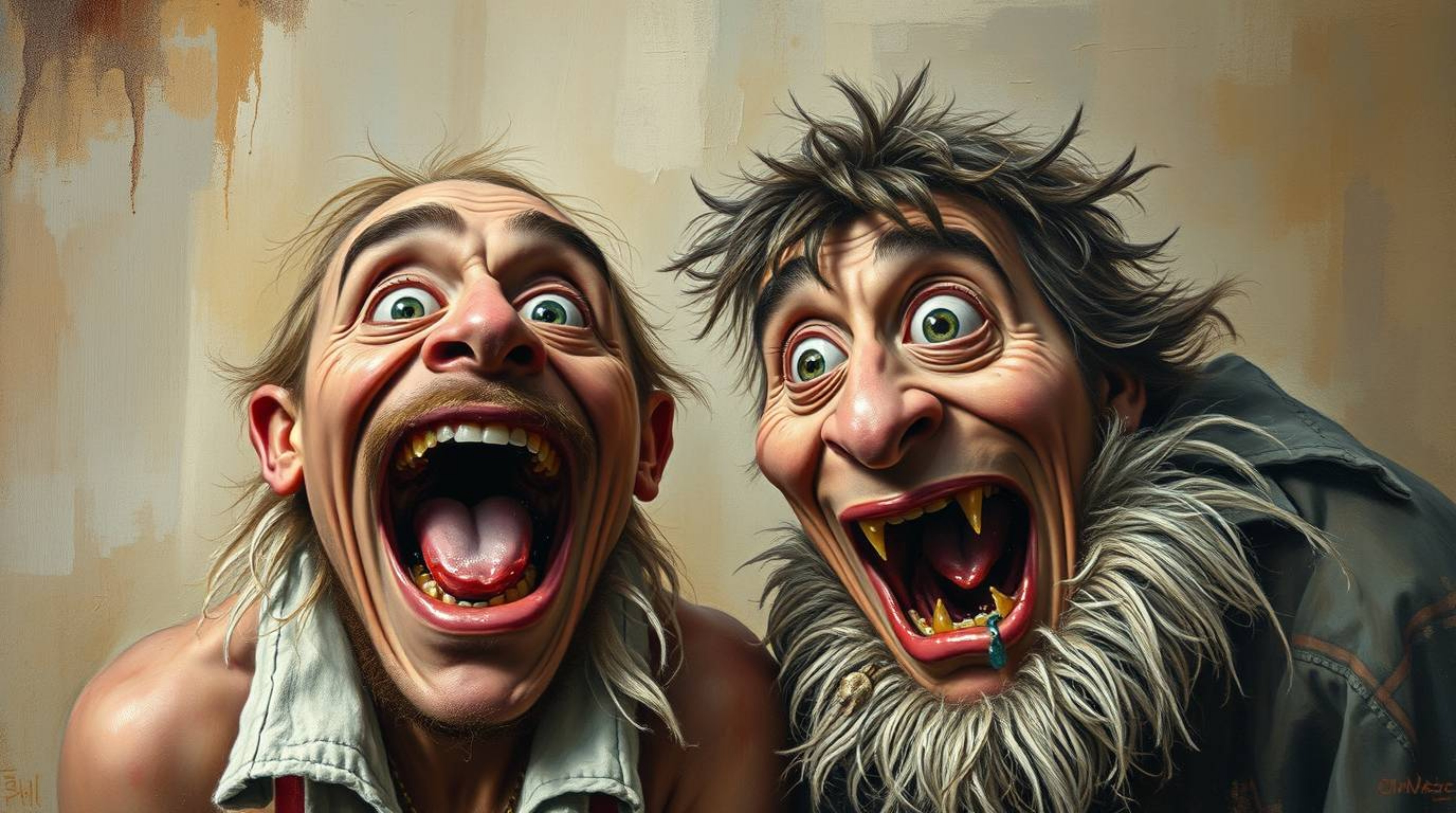 A classic oil painting captures a hilariously grotesque moment, featuring characters with wildly exaggerated expressions. The