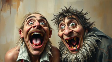 A classic oil painting captures a hilariously grotesque moment, featuring characters with wildly exaggerated expressions. The