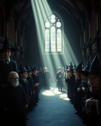 Explore a captivating scene of a magical school brimming with young wizards, rendered in a dramatic, cinematic style. The gen