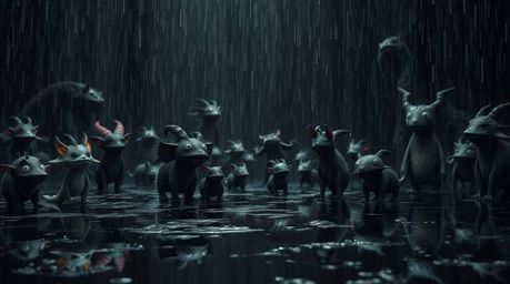 Immerse yourself in a intensely black, wet rainy scene set within a vibrant fantasy kingdom, teeming with quirky magical crea