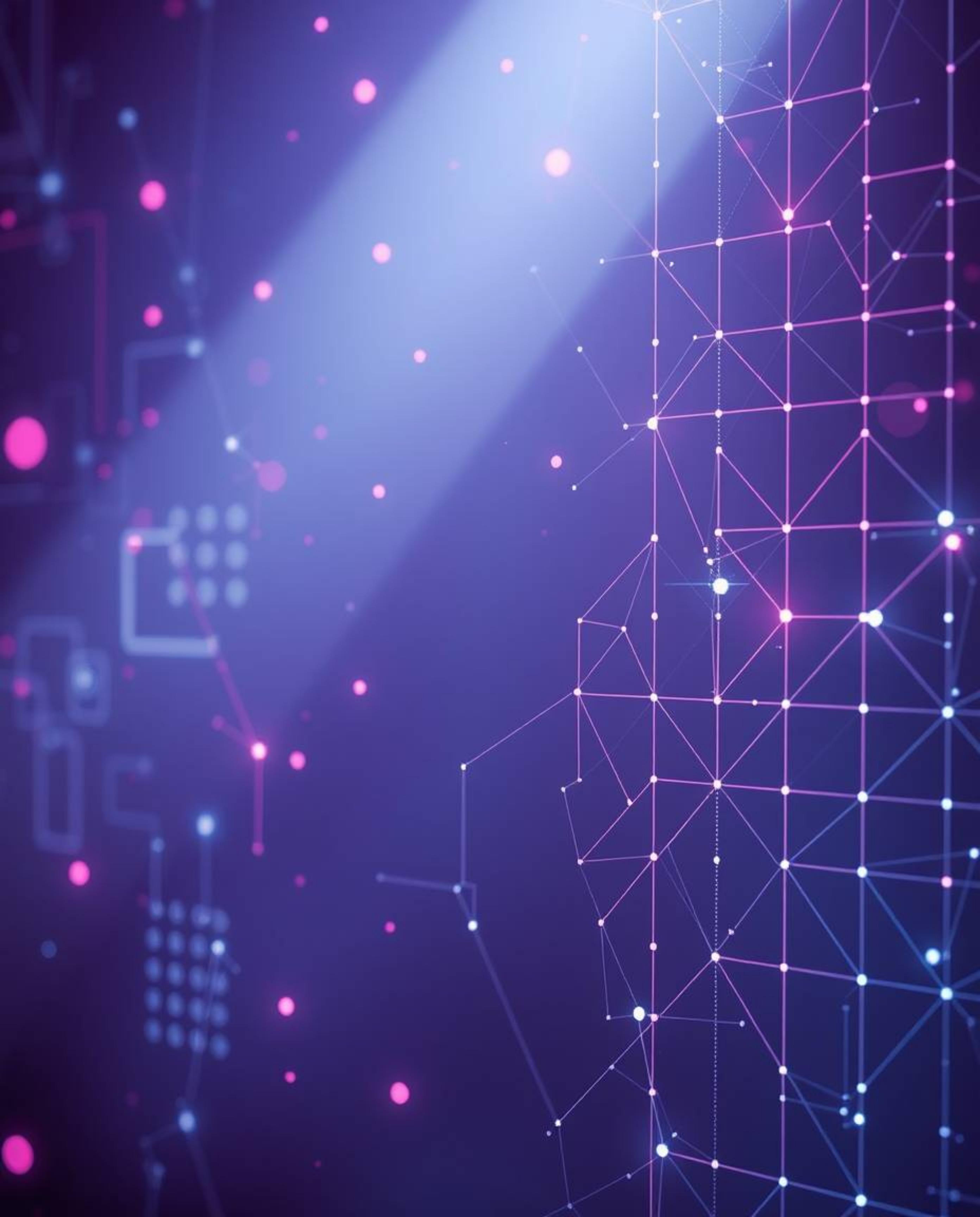 A dreamy, soft image showcasing a futuristic digital interface composed of geometric patterns to create a holographic effect.
