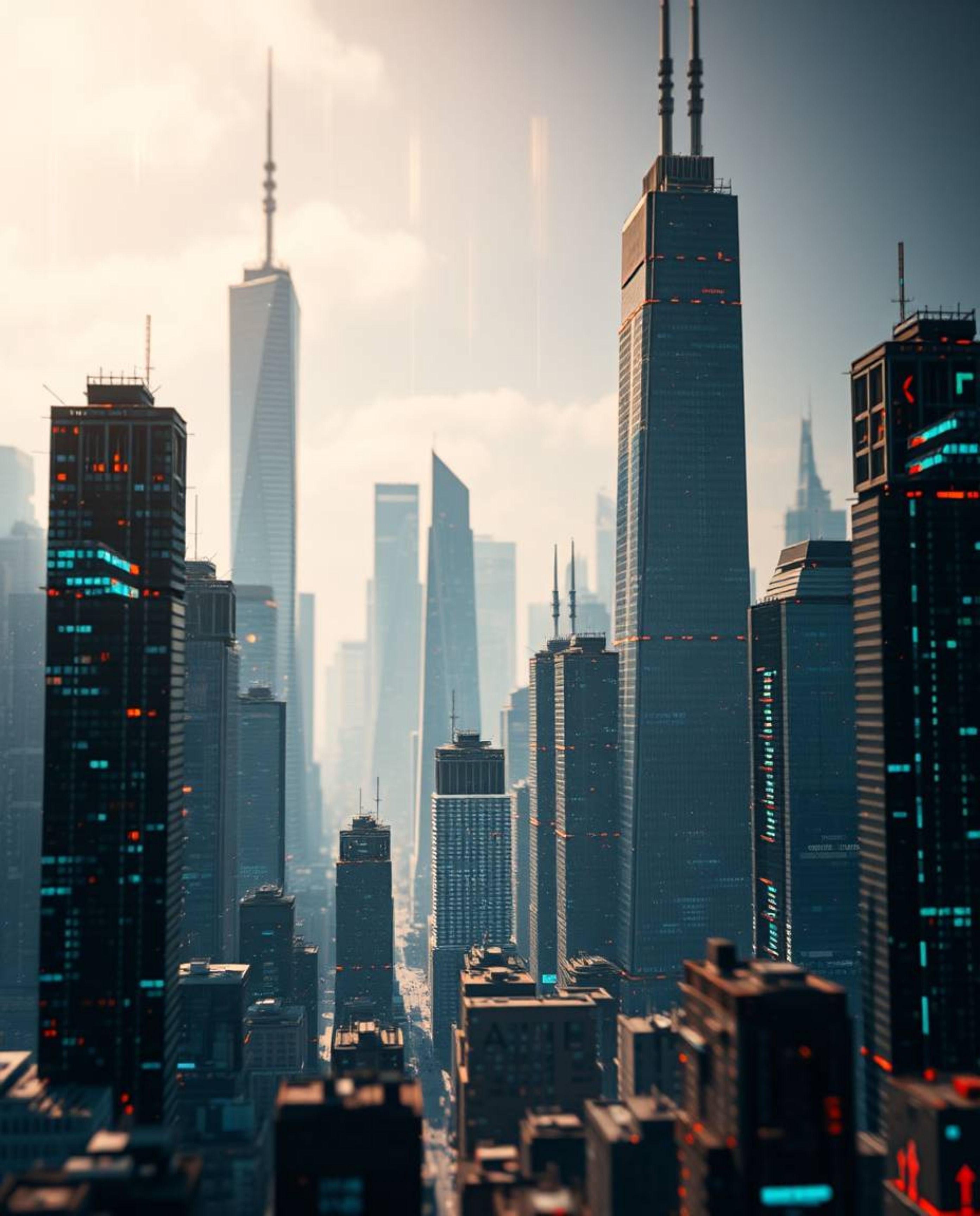 This captivating digital art piece features a tight close-up shot of a glitchy digital landscape.  Distorted skyscrapers rise